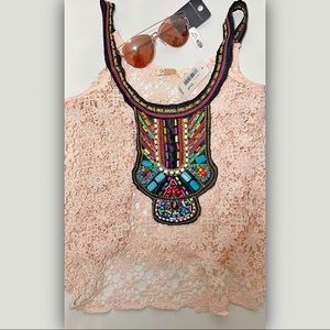 Embellished salmon color mesh top